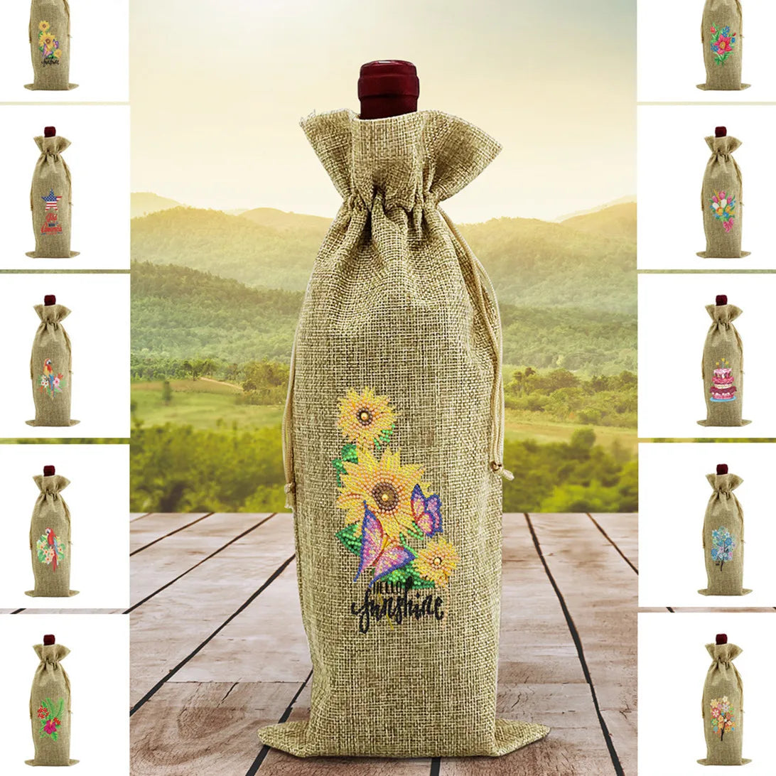 DIY Diamond Painting Flower Red Wine Bottle Decor Bag Cover Christmas Gift Creative Personality Linen Environment Friendly