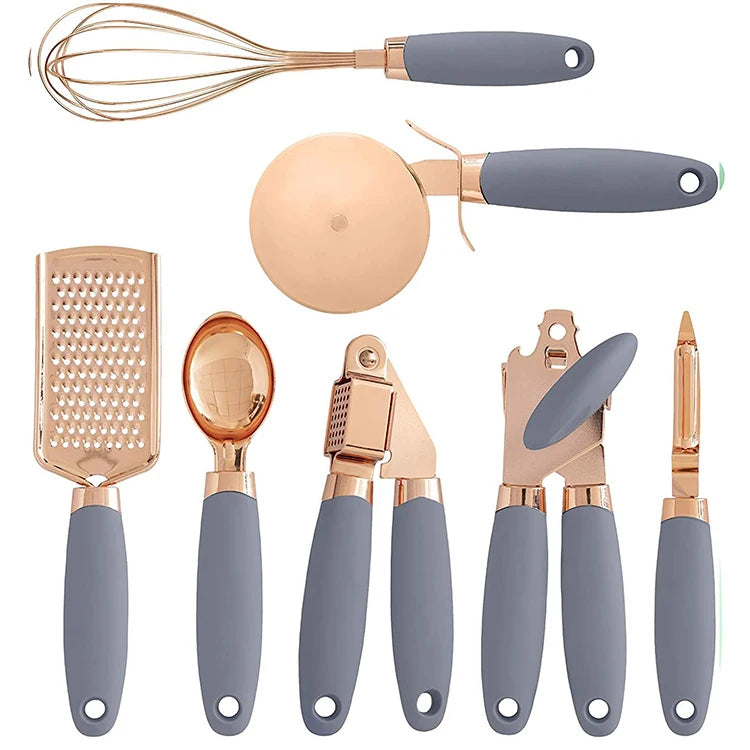 7-Piece Kitchen Gadget Set Food Grade Stainless Steel Nonstick Silicone Includes Grater Pizza Cutter Can Opener Peeler Utensils