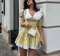 Enyami Summer French Vacation Romantic Bright Color Elegant Puff Shorts Sleeves Floral Lace Design Casual A-line Women Dress