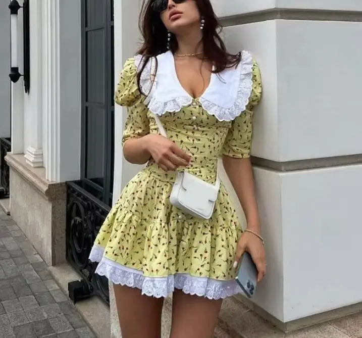Enyami Summer French Vacation Romantic Bright Color Elegant Puff Shorts Sleeves Floral Lace Design Casual A-line Women Dress