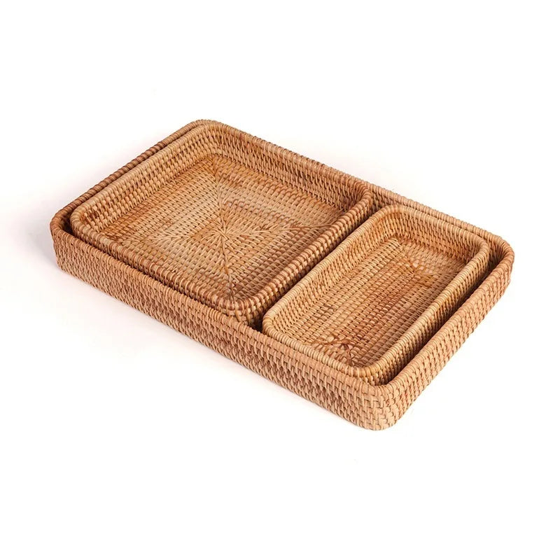 Wicker Bamboo Rattan Handles Woven Square Picnic Fruit  Basket Other Storage Tray Baskets