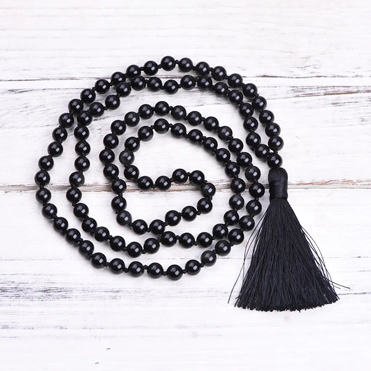 Wholesale Black Obsidian Beaded Necklace 108 Mala Beads Prayer Necklace Natural Gemstone Long Tassel Necklace