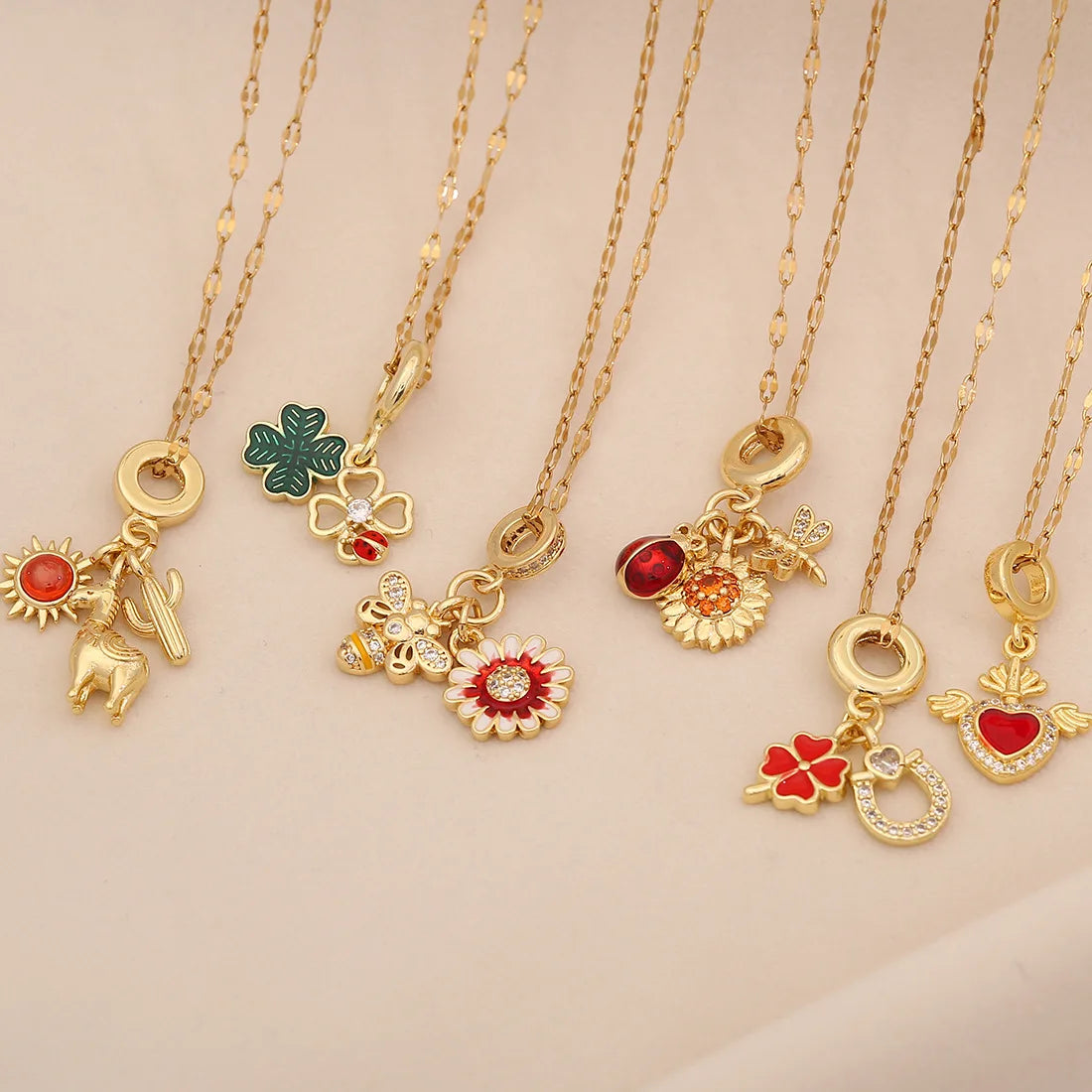 Wholesale Stainless Steel Chain Clavicle Necklace Enamel Honey Cactus Dragonfly Insect Pendant Heart Wing Flower Charm Necklace