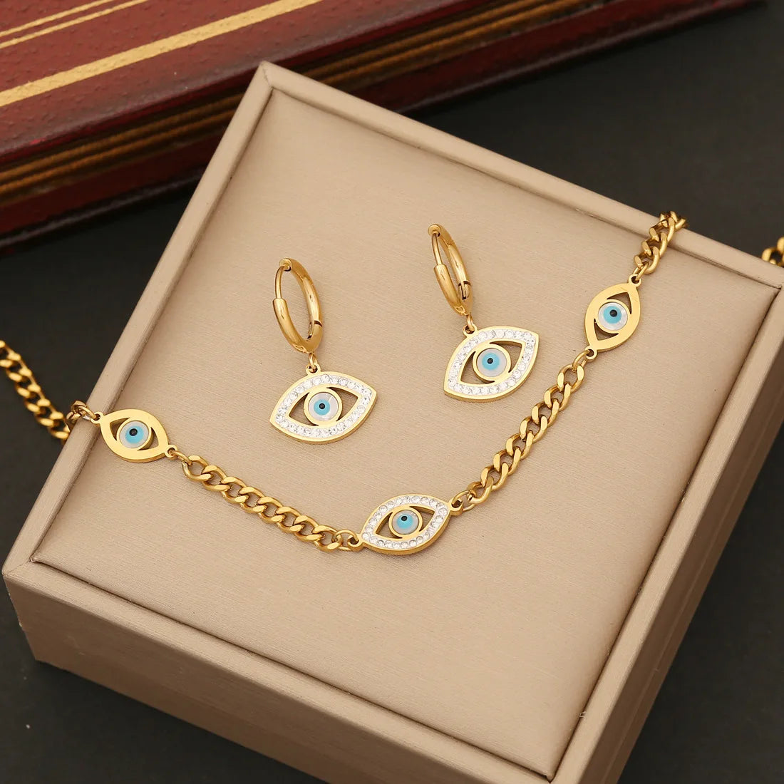 2023 New Fashion Jewelry Stainless Steel Gold Plated Devil Eye Necklace Bracelet Earrings Jewelry Sets