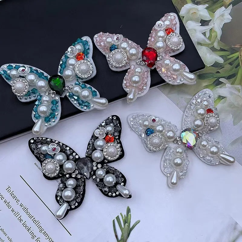 Handmade 3D Embroidered Fabric Patches Beaded Rhinestone Pearl Butterfly Applique for Clothing Bag Accessories Resin Felt