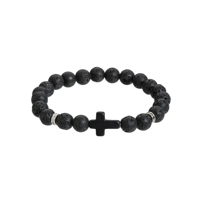 Cross Beads Bracelet for Men Women 8mm Healing Lava Stone Stretch Bracelets