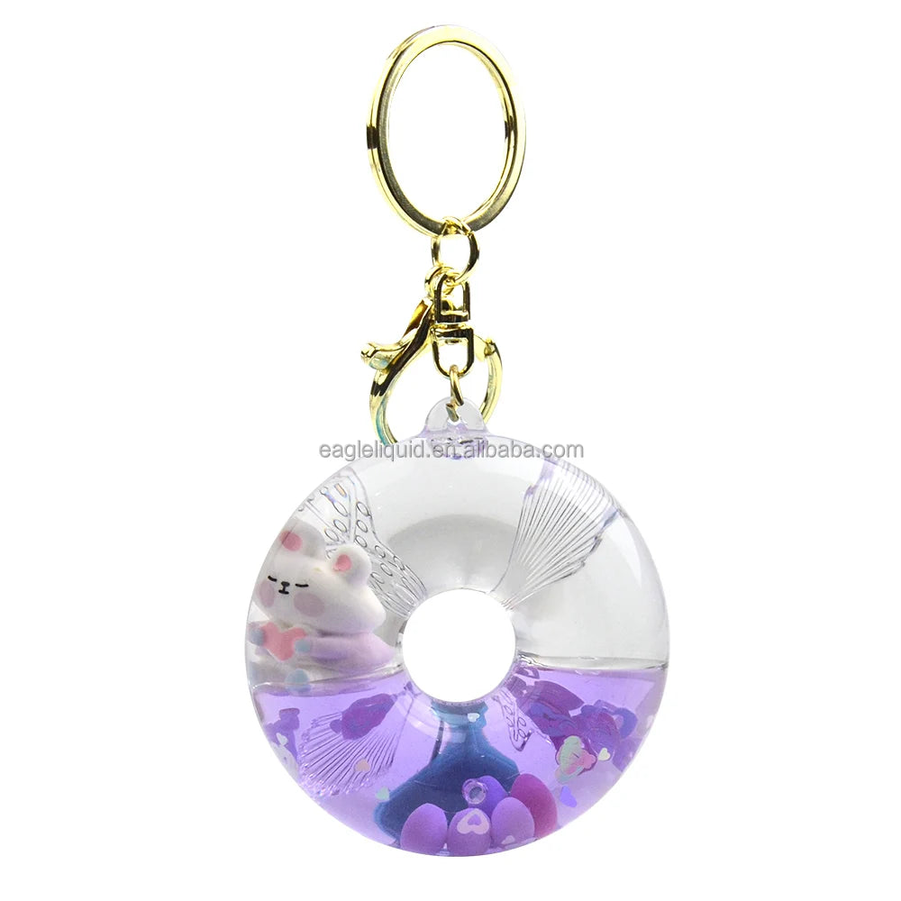 Donut Floating Bottle Liquid Keychain Glitter Custom Printed Keyring 3d Floating High clear Liquid Keychain