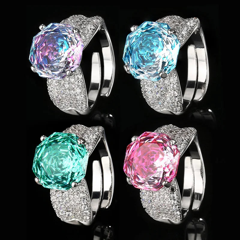 High End Luxury Zirconia 14mm Jewelry Rose Multicolor Gradient Women's Fashion Engagement Jewelry Wedding Ring