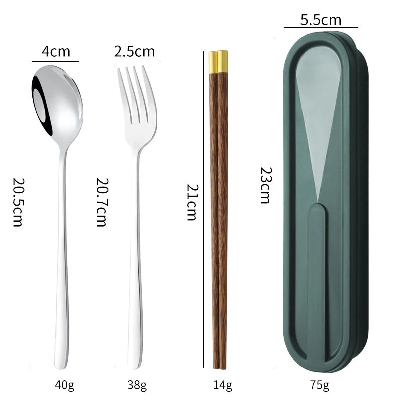 3 PCS Portable Camping Flatware 304 Stainless Steel Fork Spoon Aluminum Alloy Wood Chopsticks Cutlery Set with Rack Case