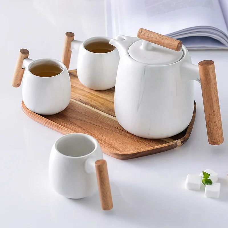 Nordic Creative Simple Teapot Wooden Handle Coffee Ceramic Tea Set Gift Box Set Decorative Ceramic Teapots