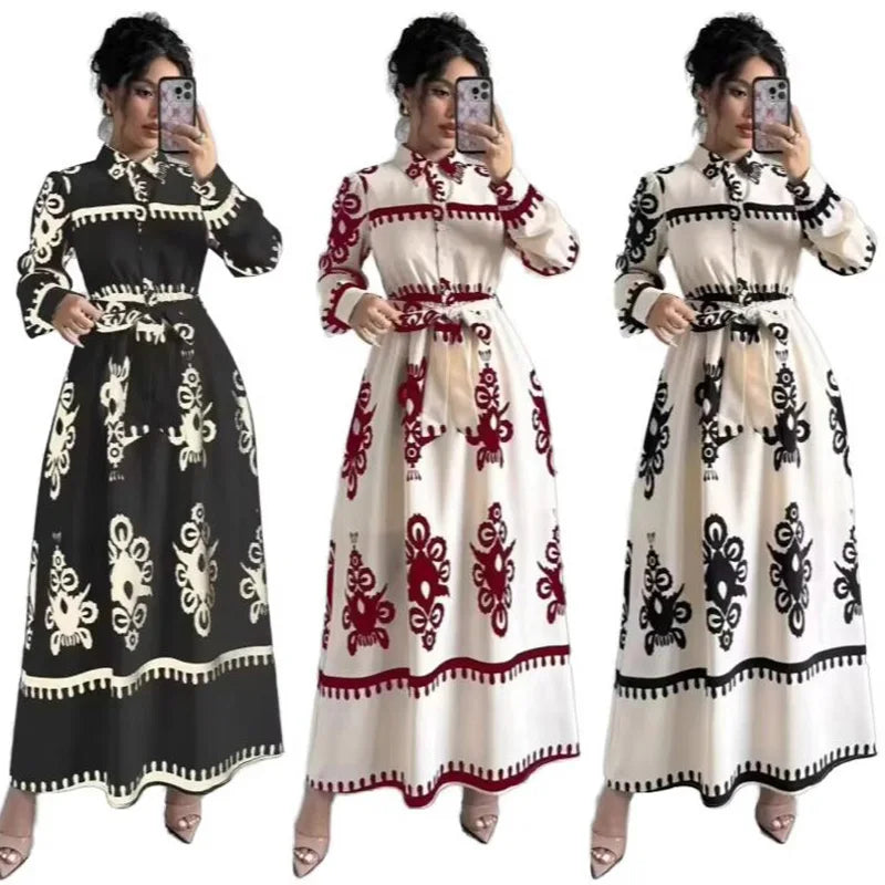 RNSHANGER Elegant Long Sleeve Printed Belted Shirt Dress New Ankle-Length Women's Fashion Casual Wear Turn Down Collar Dress
