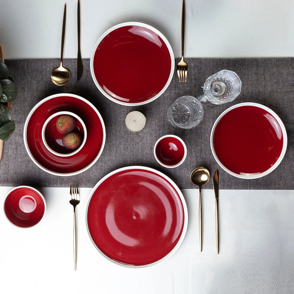 Shengjing High Quality Ceramic Glossy Tableware Red Porcelain Platter Sets for Hotel Kitchen Pigmented Dinnerware