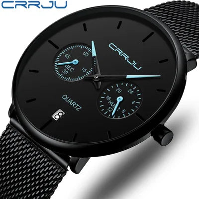 CRRJU 2162 Men Quartz Watch Steel Band 20mm Casual Sport Style Waterproof Calendar Clock Relogio Masculino for Business Dress