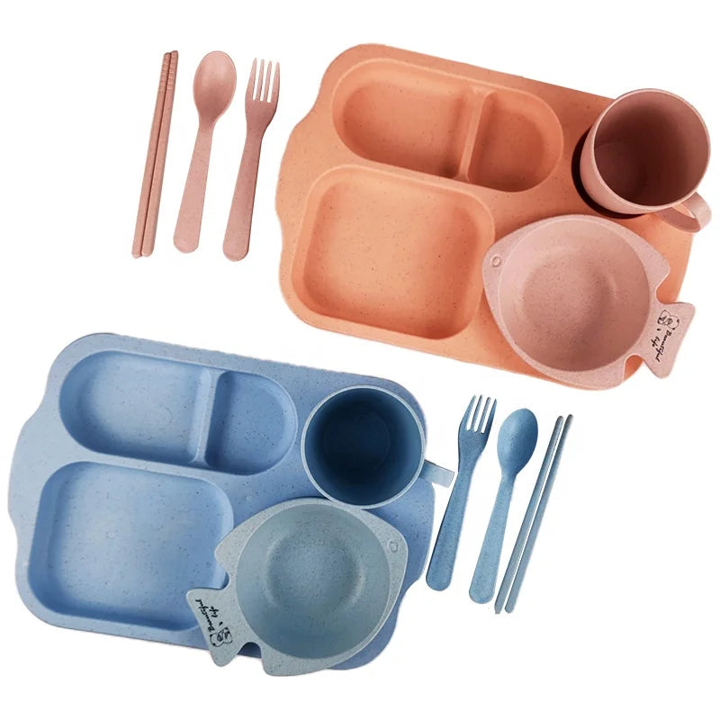Adults & Kids Divided Plate 6 Pcs a Set Wheat Straw Dinnerware Sets Solid Color Compartment Plates
