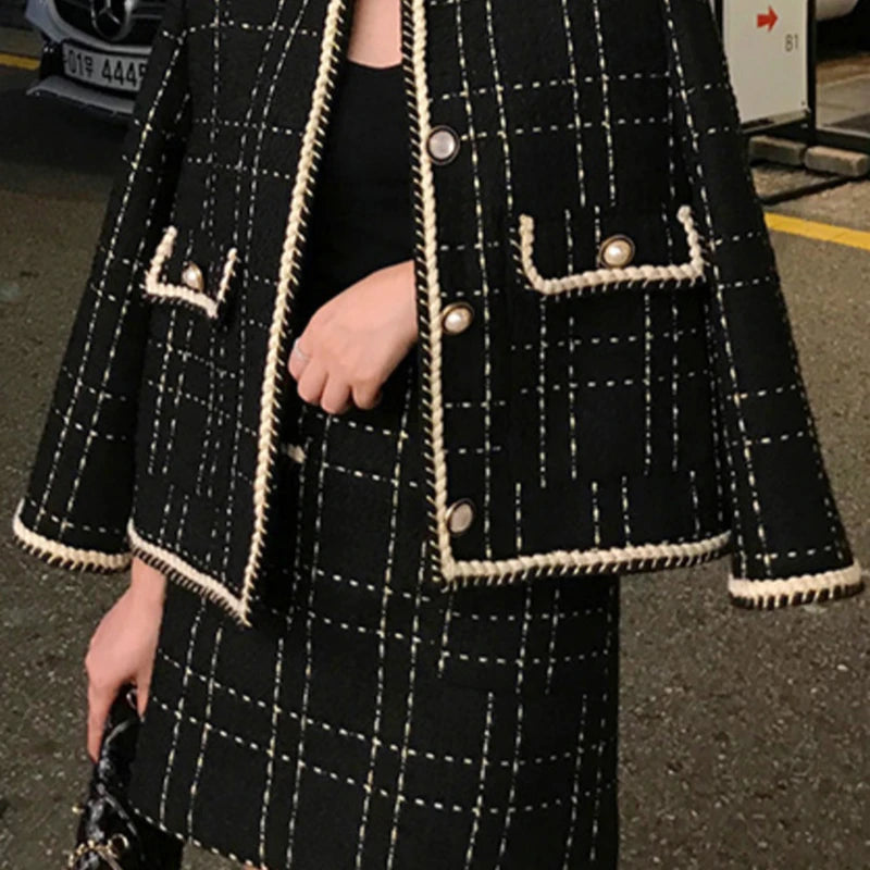 European Style Autumn Winter 2 Piece Set Women Short Woolen Tweed Jacket Coat  Bodycon Mini Skirt Set Women Two Piece Outfits
