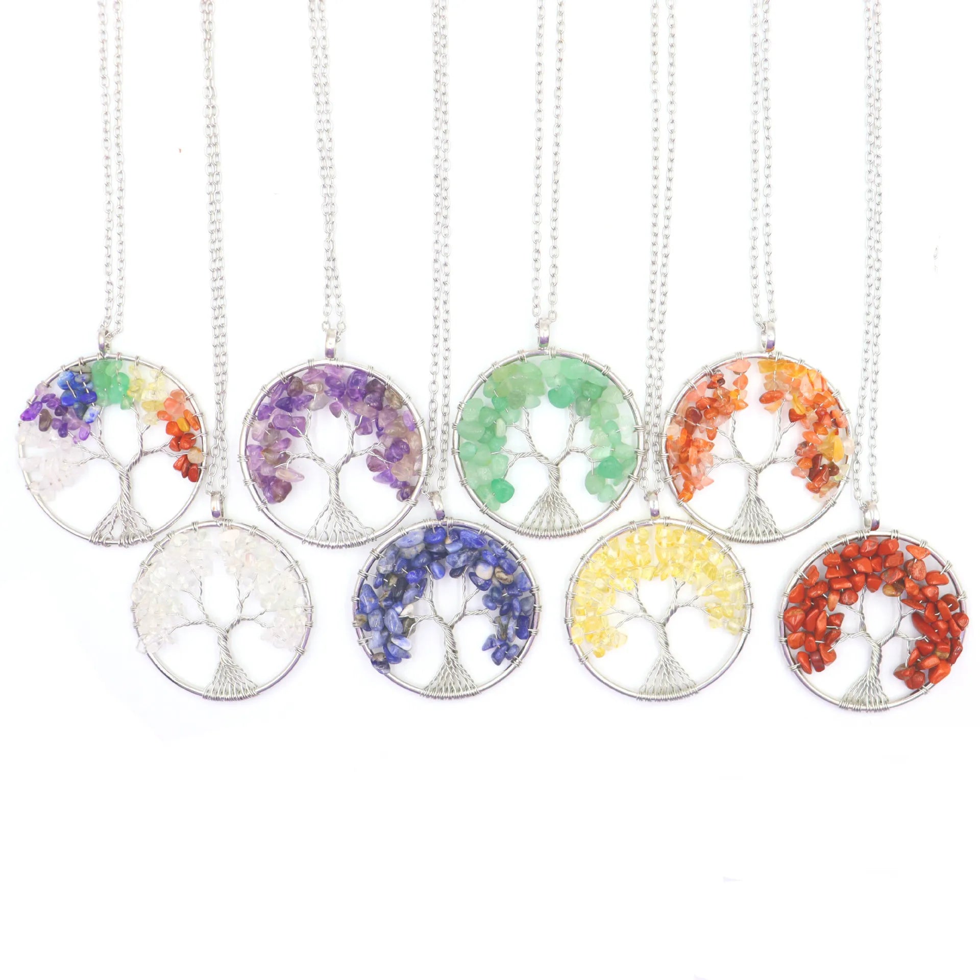 New Natural Gravel Rainbow Amethyst Wisdom 7 Color Stones Gypsophila Tree of Life Crescent Moon Crystal Pendant Necklace Jewelry
