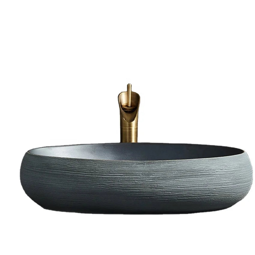 Traditional Handmade Hand Painted Color Glazed Round Shape Grey Bathroom Ceramic Countertop Sink with 12L Capacity