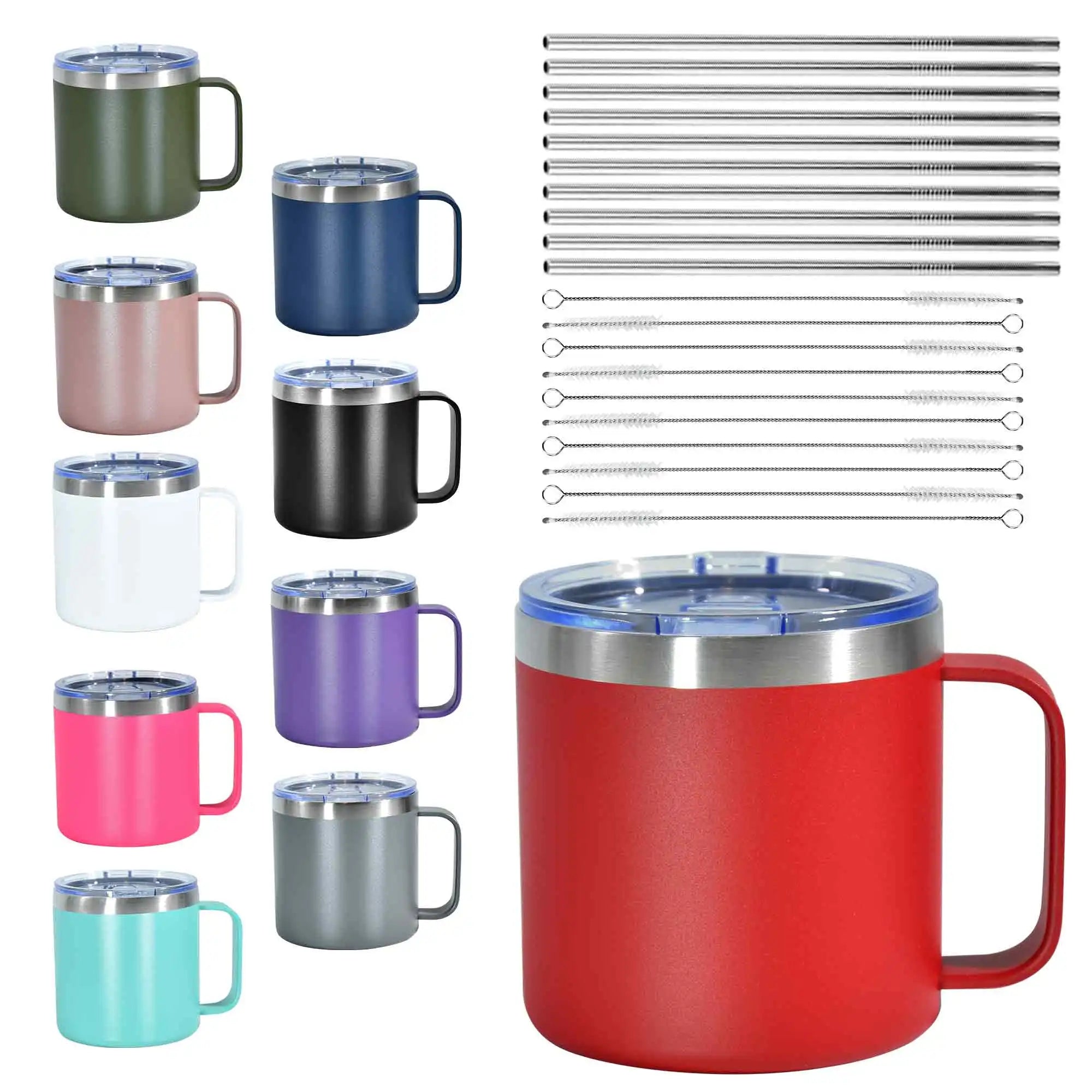 RTS 20pcs 14oz Stainless Steel Mug Powder Coated Mixed Colors Cup Double Wall Travel Tumbler with Slide Lid Metal Straw Brush