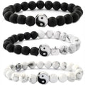 Natural Howlite Frosted Stone White and Black Yin Yang Taichi Taiji Bagua Beaded Bracelets for Men Women