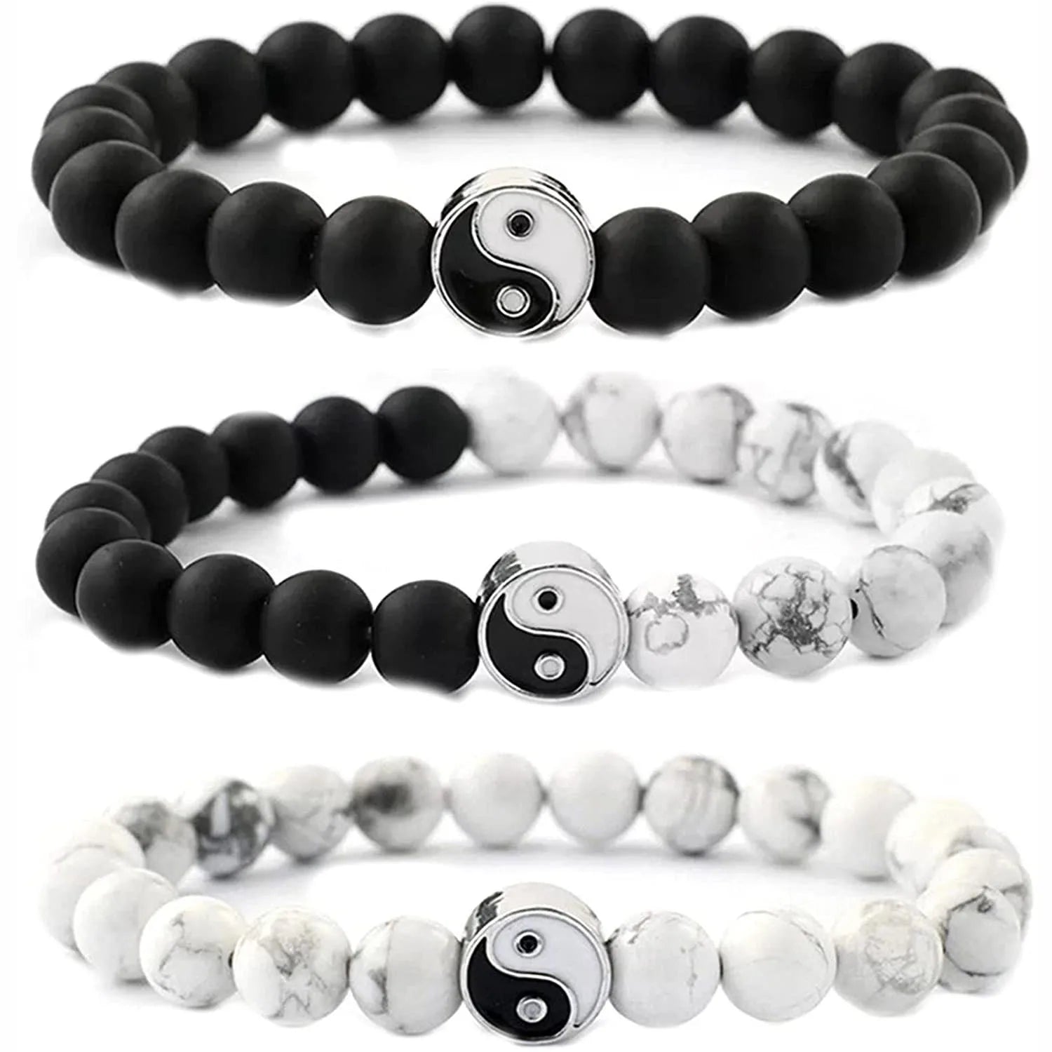 Natural Howlite Frosted Stone White and Black Yin Yang Taichi Taiji Bagua Beaded Bracelets for Men Women