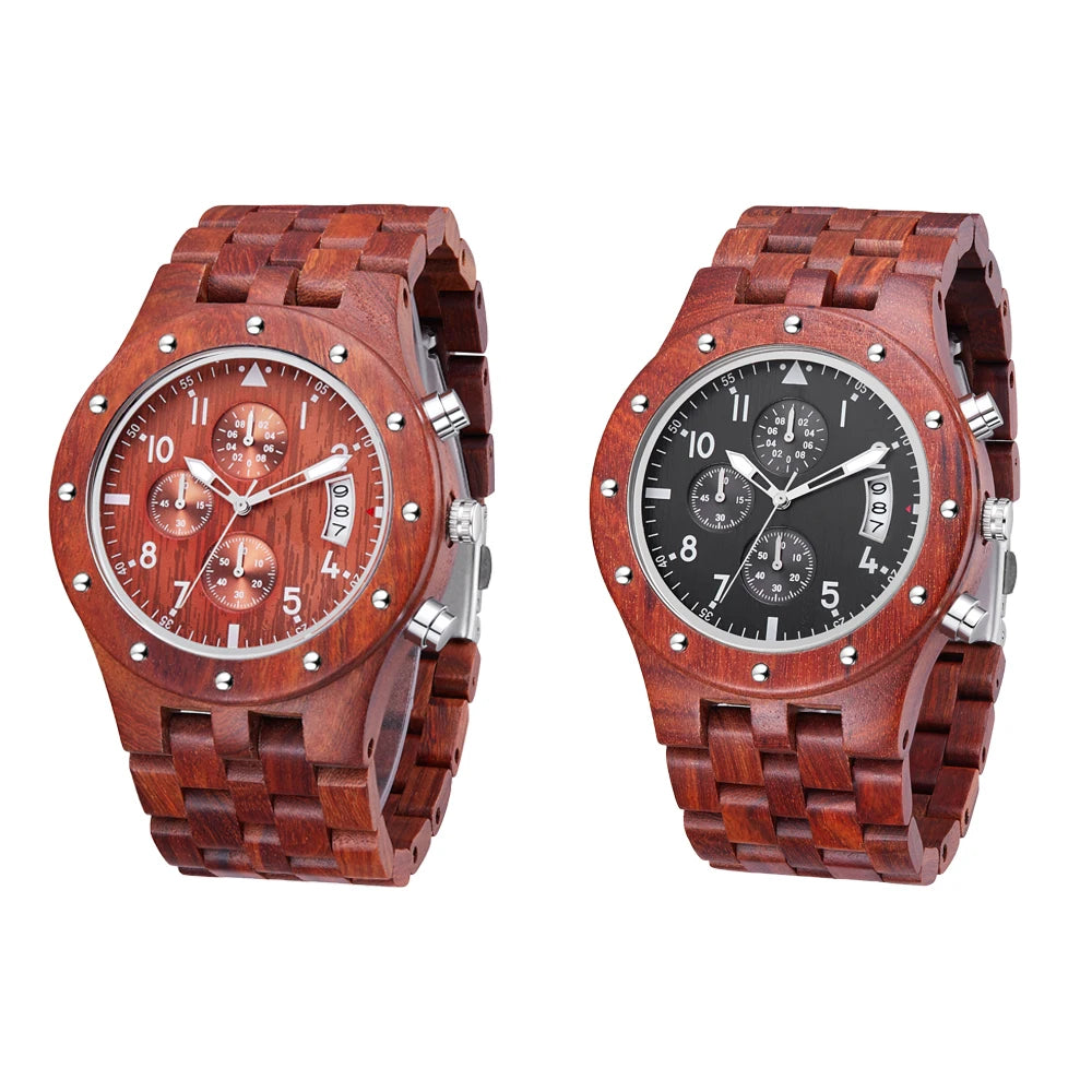 TJW Luxury Men's Wooden Watch with 24mm Round Dial Multifunctional Quartz Movement Display Pointer Charm for Business Fashion