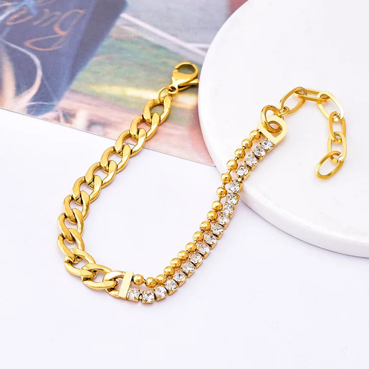 Hot Sale Latest Fashion Style Stainless Steel 18K Gold Plated Cuban Link Chain Zircon Asymmetry Romantic Women's Luxury