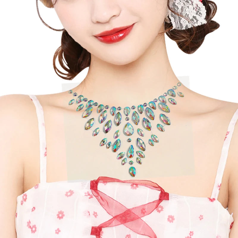 Custom OEM Self-Adhesive Necklace Gem Tattoo Sticker Luxury Beauty Crystal Diamond Rhinestone Chest Fake Temporary Tattoo