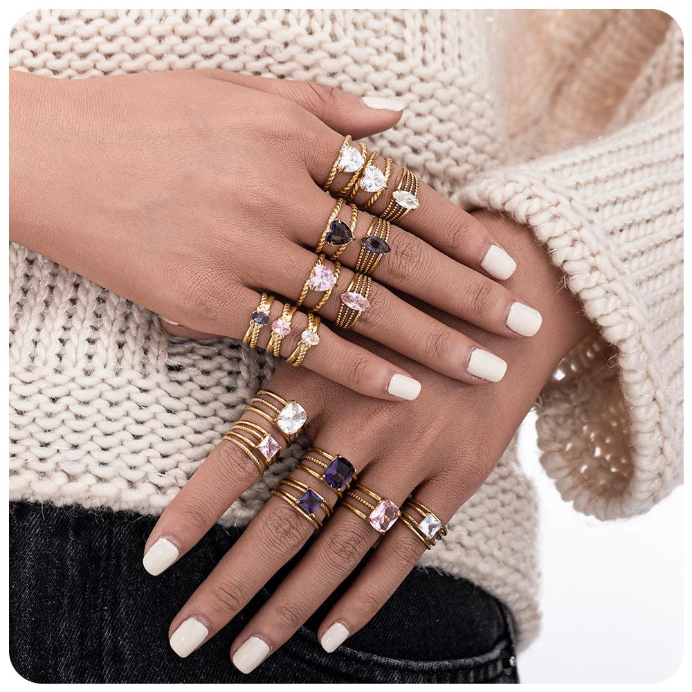 INS Style Light Luxury Stainless Steel 18k Gold Plated Colored Zircon Inlay Waterproof Jewelry Open Gemstone Rings for Women