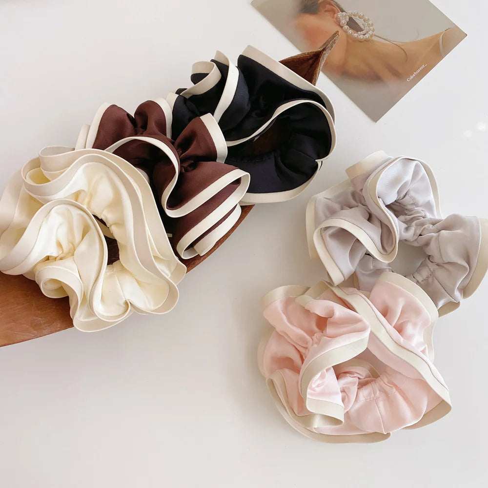 Double Layer Large Leather Silk Satin Women Scrunchie Pink Wholesale Low MOQ High Quality Big Scrunchies Bulk for Hair Custom