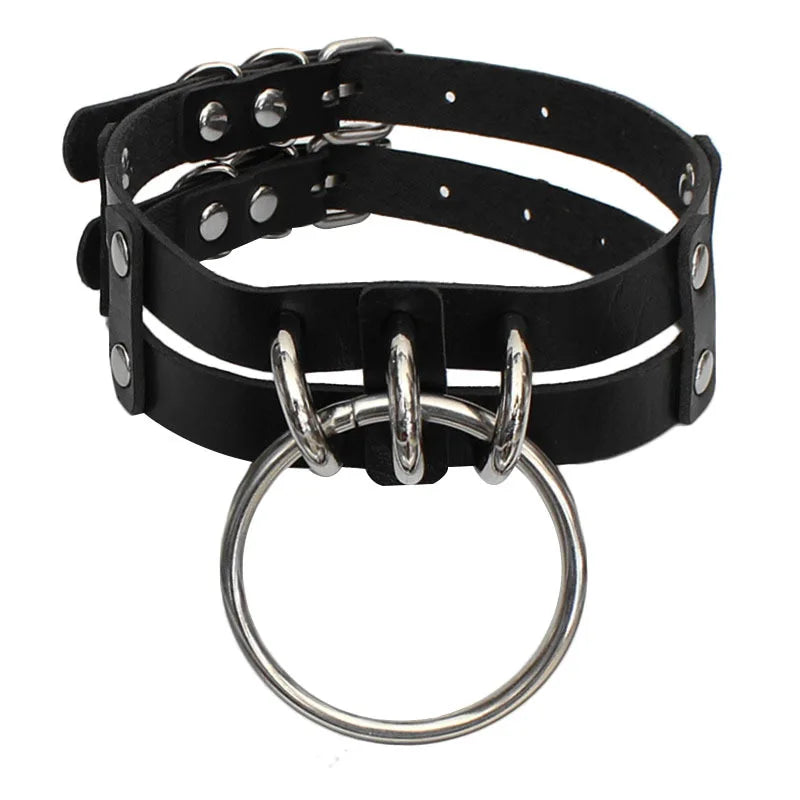 Women  Harajuku Hand Made PU Leather Collar Personality O Ring Chokers Girl's Punk Goth Exaggerated Leather Choker Necklace