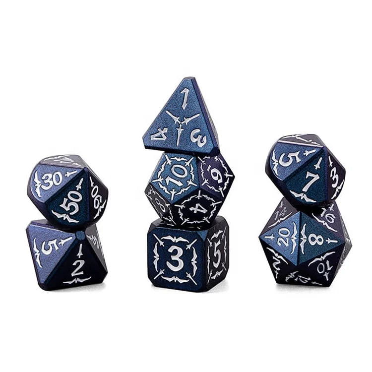 Hot Sale Blue with White Engraving Number 7 Piece Polyhedral Metal RPG Dice Set