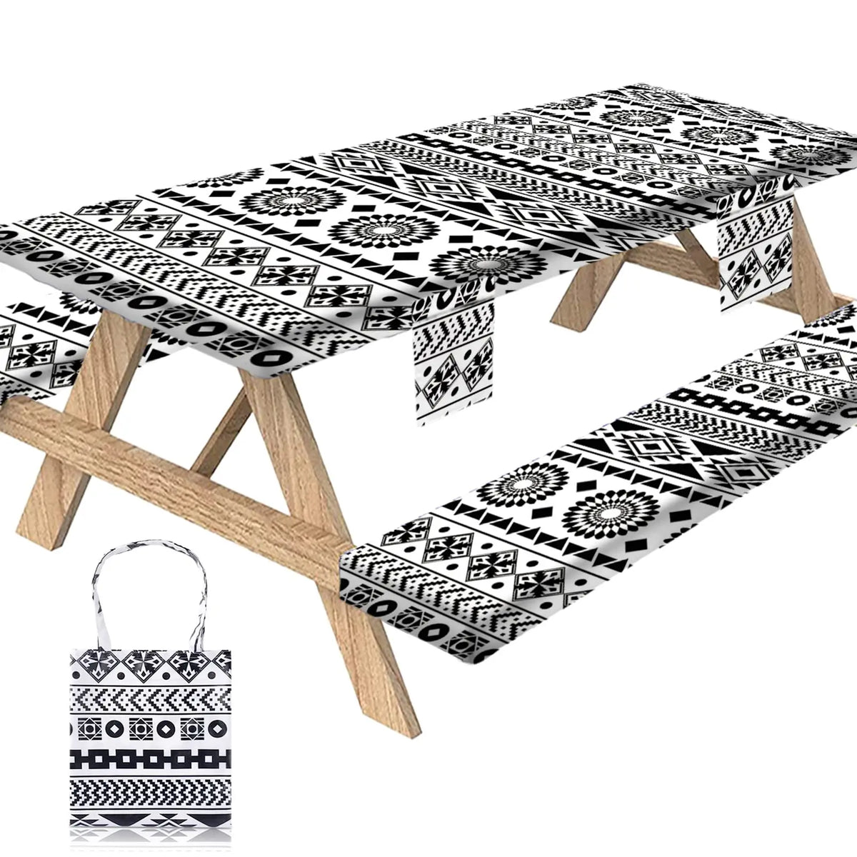 Custom Logo Handmade Elastic Band Waterproof 100% Polyester BBQ Table Cover Set for Picnic Table and Bench Fitted Tablecloth