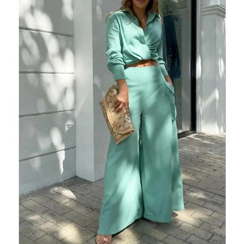 2 Piece Set Suits 2022 New Women Shirt Suits ElegantTrousers Set Female Long Sleeve Shirt and Wide Leg Straight Pants Streetwear