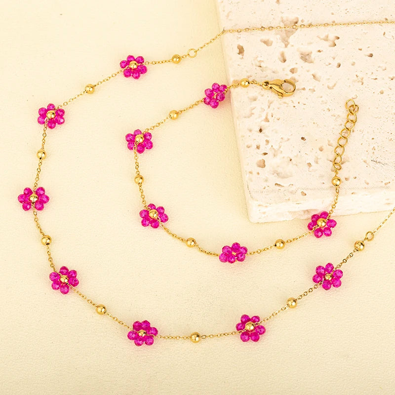 18K Gold Stainless Steel Boho Colorful Handmade Glass Beads Sunflower Beaded Flower Necklace Bracelet Jewelry Sets for Women