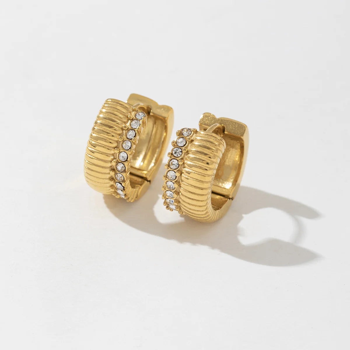 New Arrival 18K Gold Plated Crystal Zircon Stainless Steel Double Layer Engraved Texture Earrings