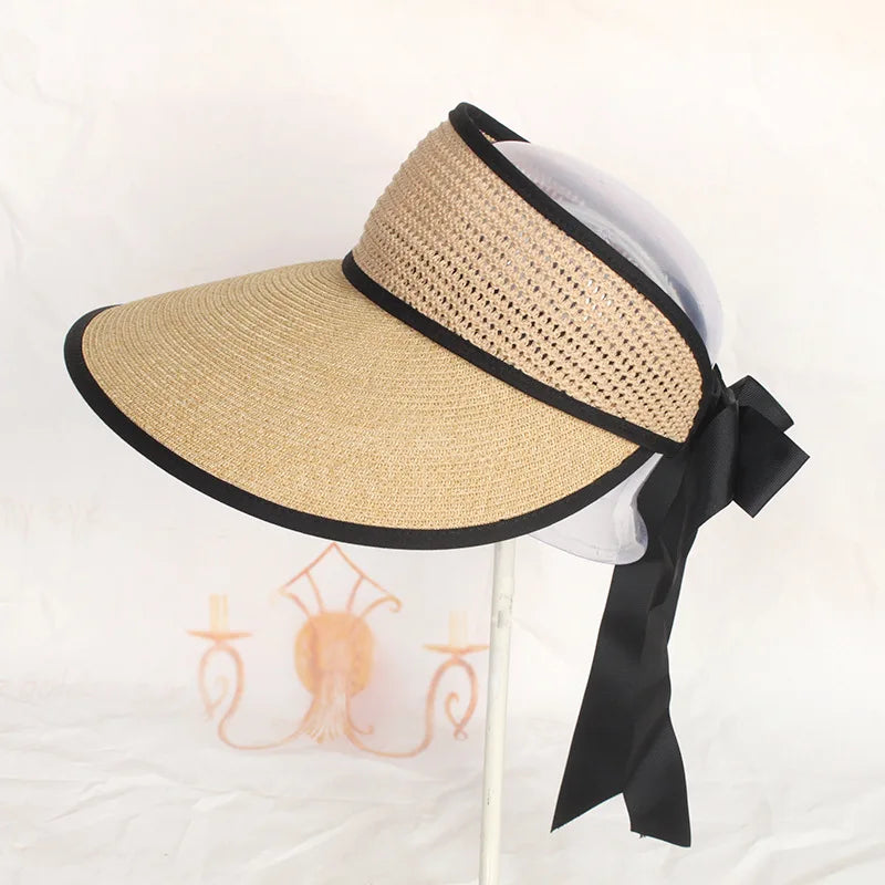 Summer Trendy Sunscreen Ribbon Bow Design Sun Hat Women Large Brim Sun Beach Hat Empty Top Visor Hats Straw