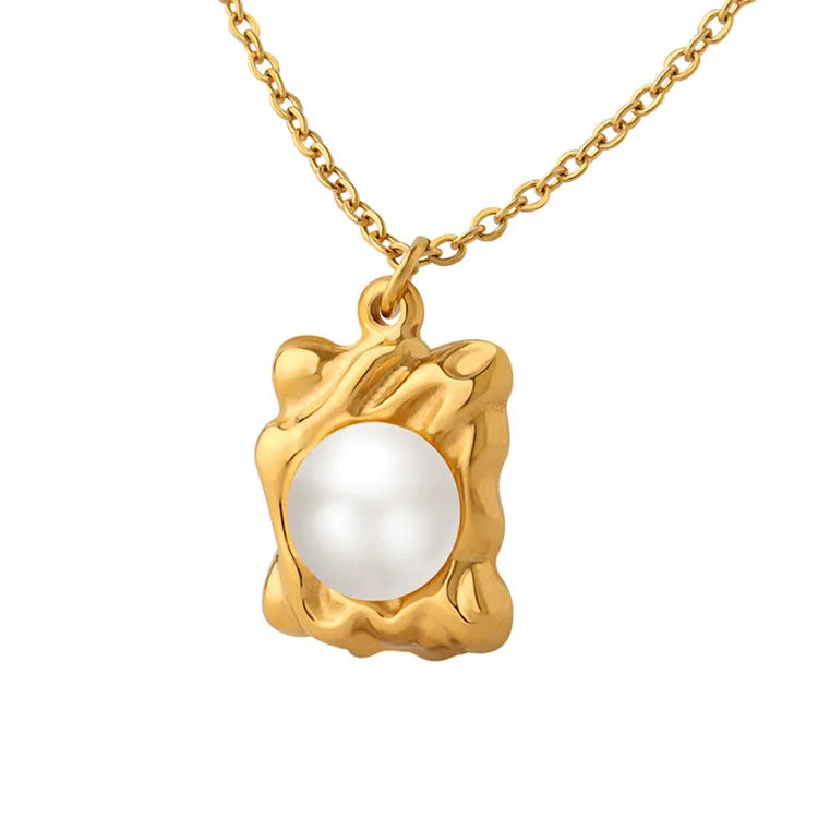 Wholesale New Design Stylish 18K Gold Plated Jewelry Women Imitation Pearl Square Pendant Stainless Steel Necklace
