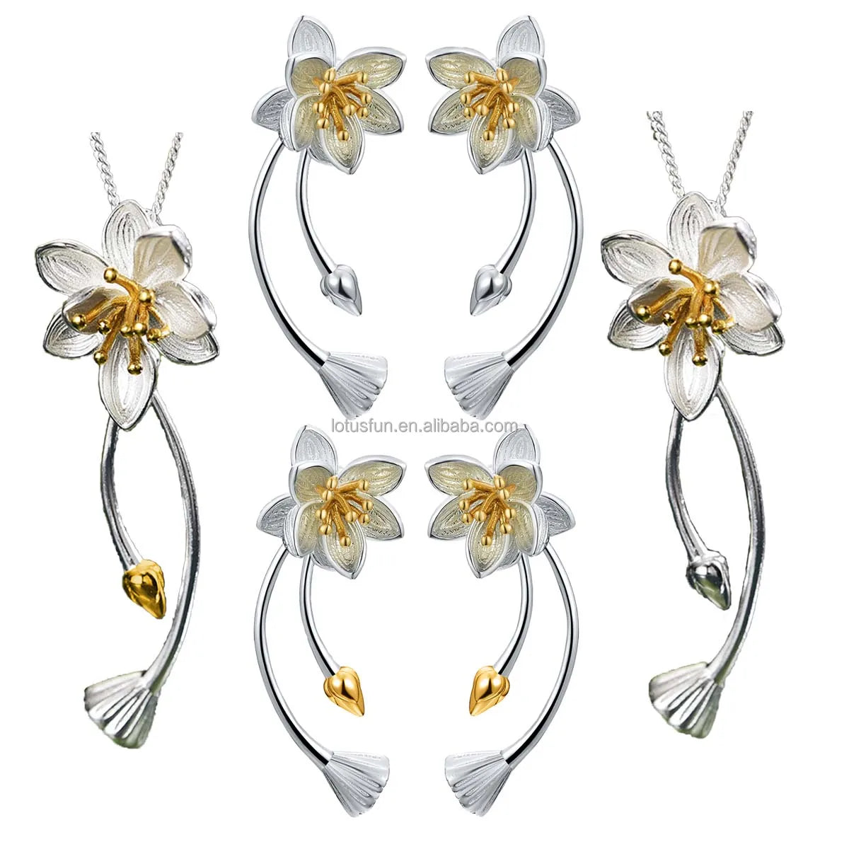 Lotus Fun 925 Sterling Silver Handmade Dangle Earrings Pendant Jewelry Set Lotus Whispers Earrings Girls Fine Jewelry for Women