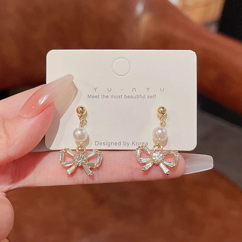 S925 Korean New Arrival Bowknot Luxury Zircon Pearl Statement Earrings Women