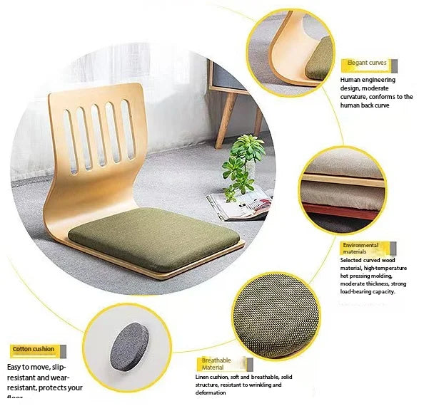 BST Ergonomic Wooden Floor Chair with Cushion Japanese Style Tatami Seat for Meditation Living Room Bedroom
