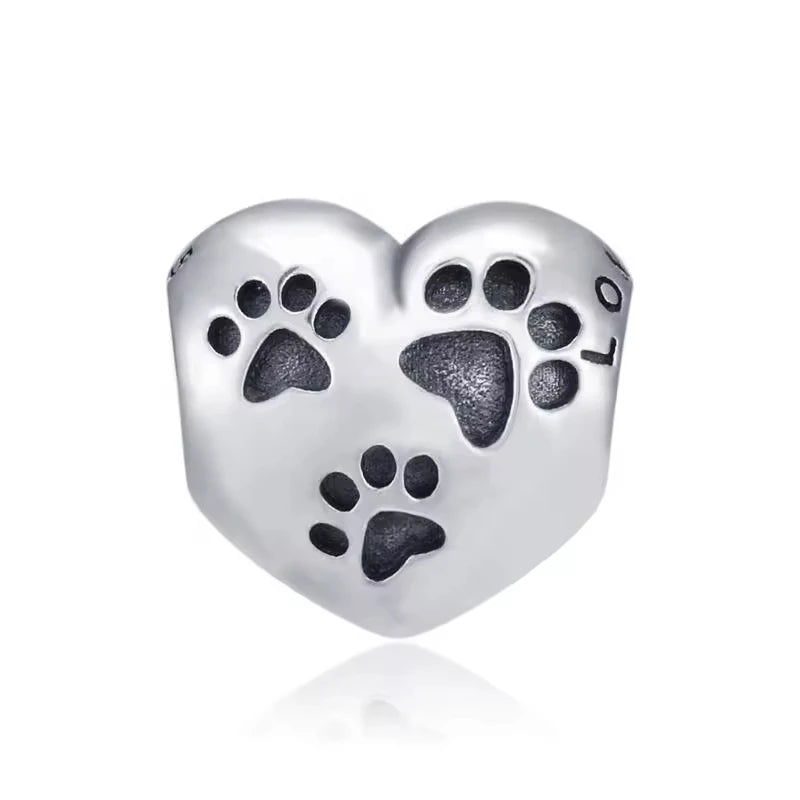 Factory Sale 925 Sterling Silver Oxidized Engraved Heart Shape Dog Paw Bead Charms