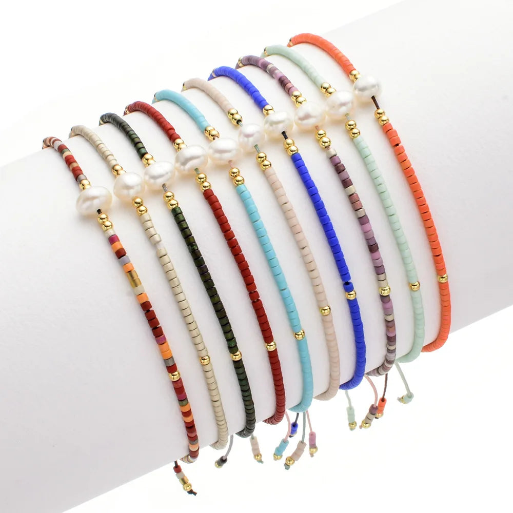 Thin Natural Pearl Bracelet Miyuki Beads Handmade Black Glass Stone Bracelets for Women Boho Adjustable Rope Lady Jewelry