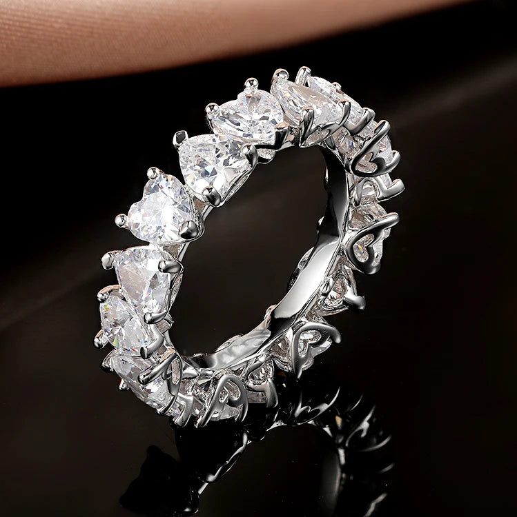 Fashion Cubic Zirconia Iced Out Engagement Heart CZ Band Rings Jewelry 925 Sterling Silver Tennis Ring