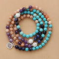 Handmade 108 Bead Prayer Mala Sunstone Amethyst Turquoise Lotus Charm Long Elastic Spiritual Necklaces for Gift