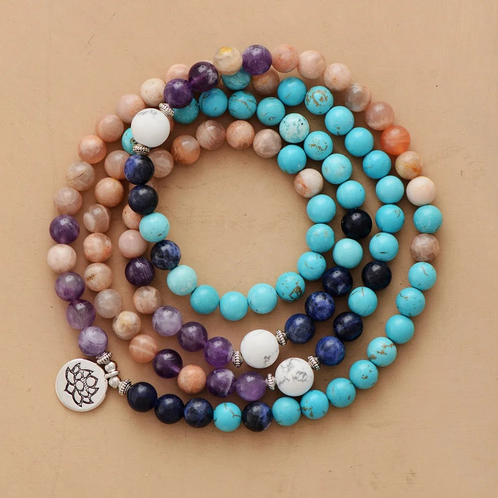 Handmade 108 Bead Prayer Mala Sunstone Amethyst Turquoise Lotus Charm Long Elastic Spiritual Necklaces for Gift