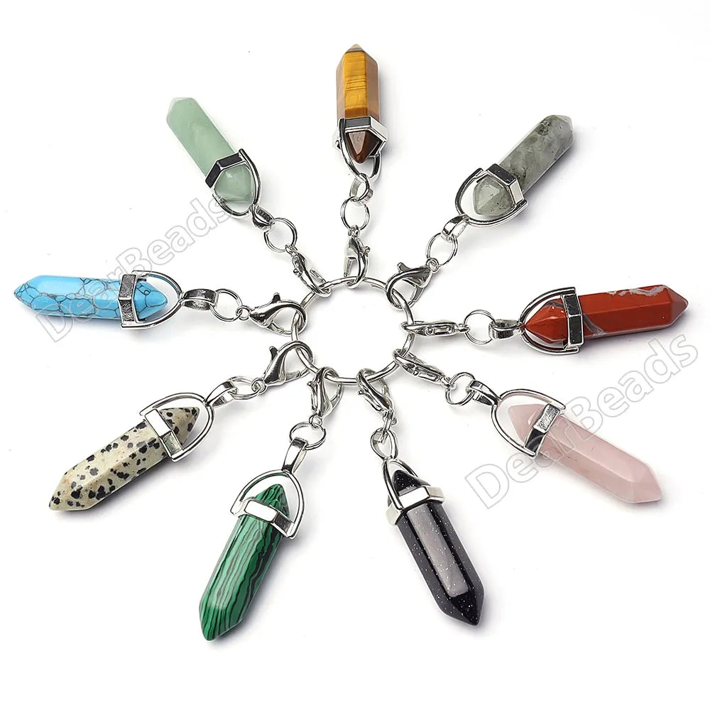 Wholesale  Natural Hexagon Point Tower Gemstone Keychain Charm with Alloy Findings