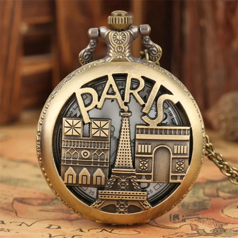 Vintage Bronze Paris Quartz Pocket Watch Necklace Pendant Men Women Gifts Pocket Clock Pendant Watches
