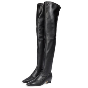 Black Over Knee Boot Block Heel Square Toe Heeled Thigh High Boots Women