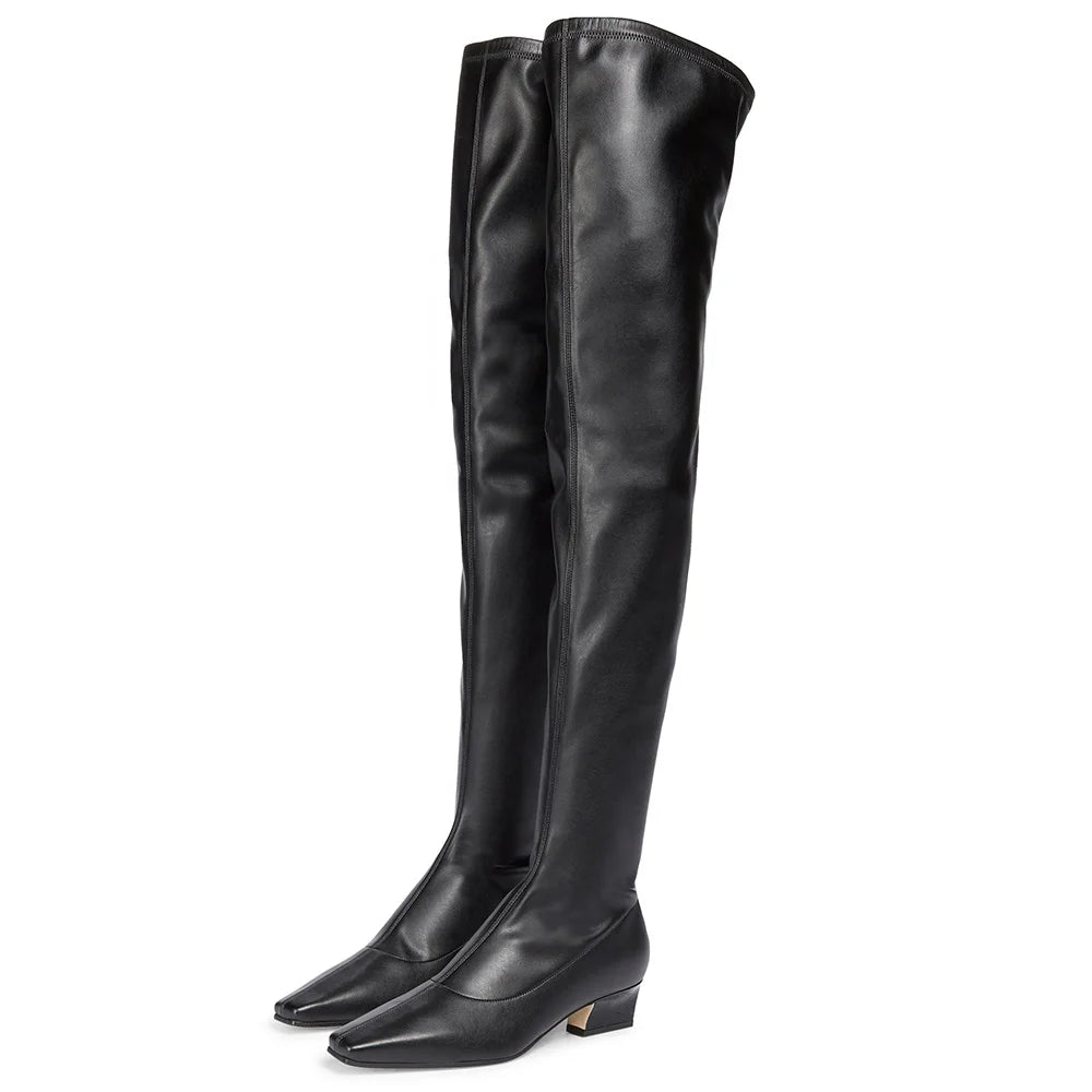 Black Over Knee Boot Block Heel Square Toe Heeled Thigh High Boots Women