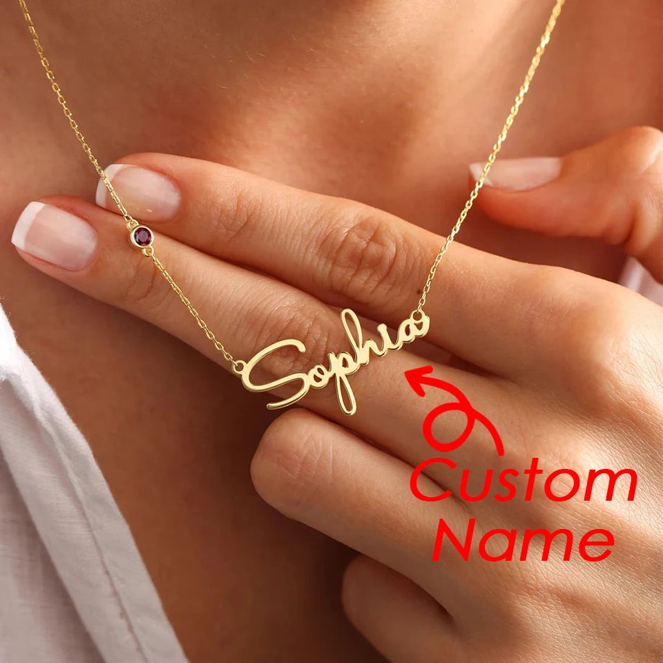 EManco Custom Birthstone Name Necklace Personalized Letter Nameplate Stainless Steel Pendant Link Chain Trendy